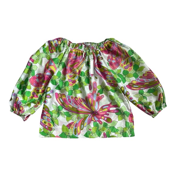 Trina Turk New Green and Pink Silk Butterfly Print Relaxed Top - Picture 1 of 4